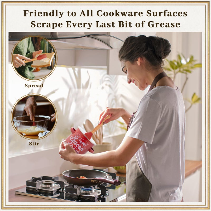 Ayerphalo Bacon Grease Container with Strainer - 46OZ Large Capacity  With Silicone Wooden Spatula  Enamel Bacon Grease Keeper for Bacon Drippings  Farmhouse Red Kitchen Decor  Dishwasher Safe - Image 5